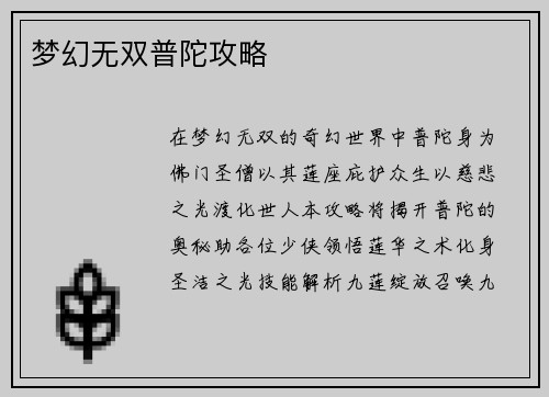 梦幻无双普陀攻略