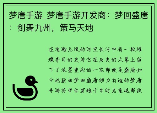 梦唐手游_梦唐手游开发商：梦回盛唐：剑舞九州，策马天地