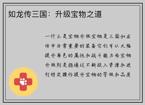 如龙传三国：升级宝物之道