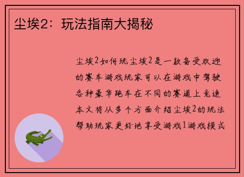 尘埃2：玩法指南大揭秘